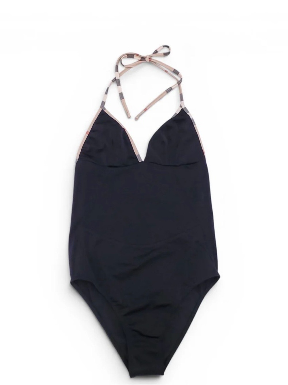 Authentic Burberry Black One-Piece Swimsuit with Signature Check Halter Straps
